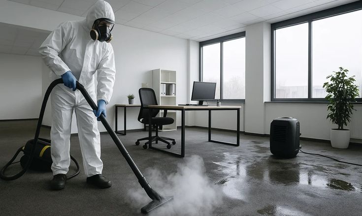 Travailleur en combinaison de protection effectuant une désinfection