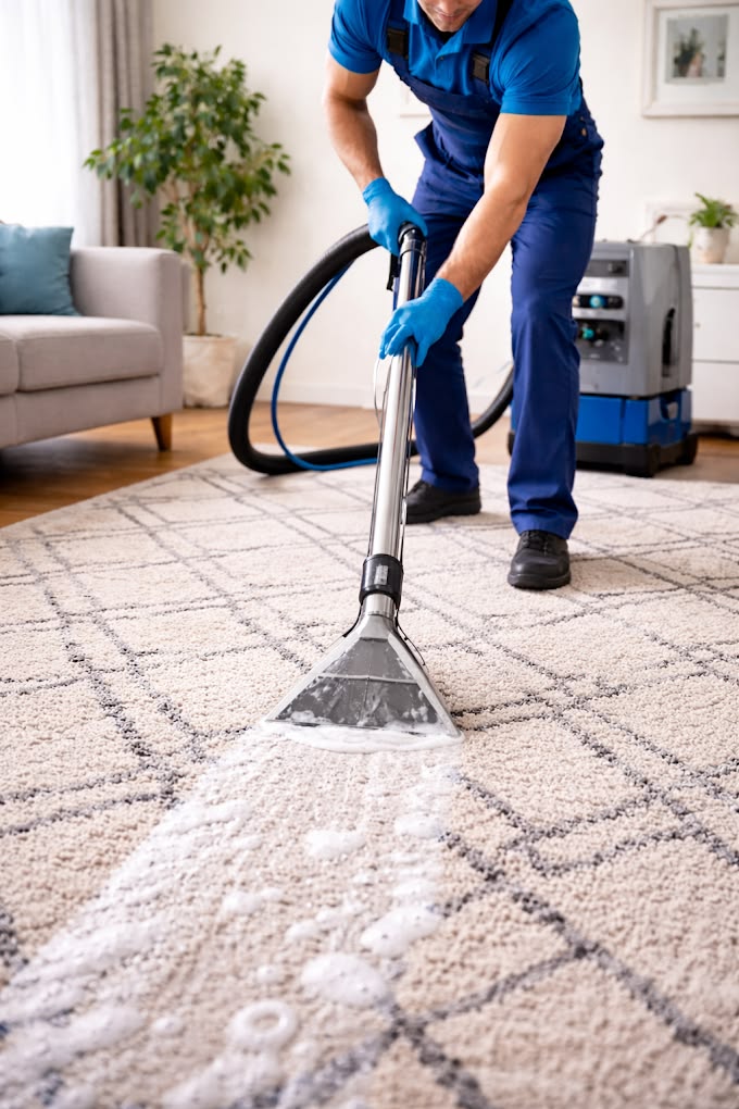 Préposé utilisant une machine d'extraction pour shampooing de tapis